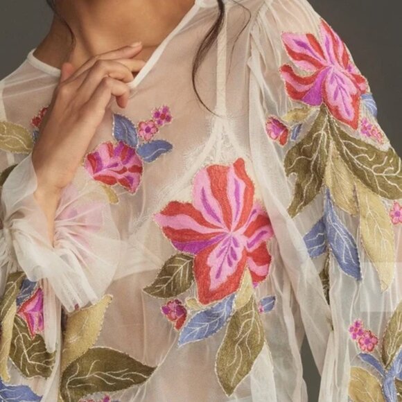 Anthropologie NWT The Layla Long Sleeve appliqué Mesh Blouse in White xxs - Picture 3 of 9